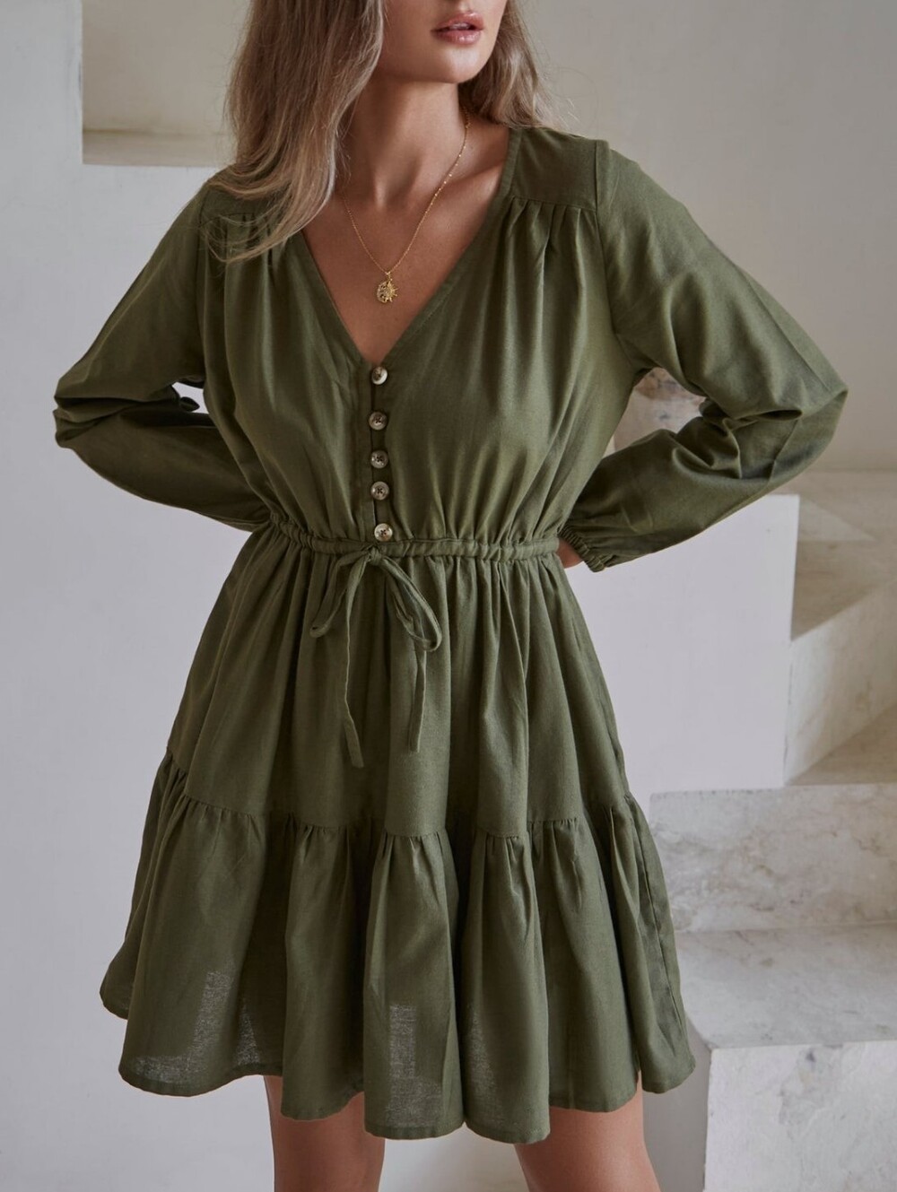 Bali Lane Positano Mini Dress M Medium Organic Linen Long Sleeve Tiered Boho